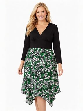 Lew Magram Collection Vintage Black & Green Floral Handkerchief Hem Dress 20W